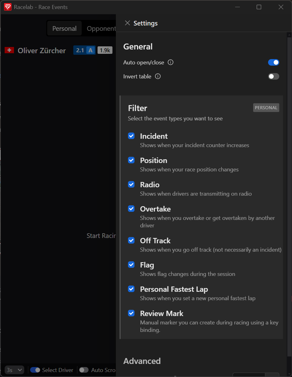 Race Events Settings